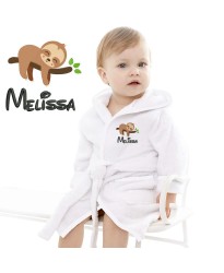 Baby and Toddler Cute Sleeping Monkey Cartoon Design Embroidered Hooded Bathrobe in Contrast Color 100% Cotton